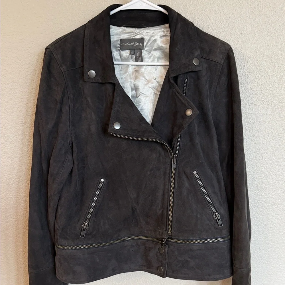 Michael Stars Charcoal Goat Suede Leather Biker Jacket - Picture 3 of 5